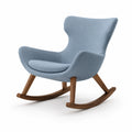 Silla mecedora de tela azul claro con estructura de madera