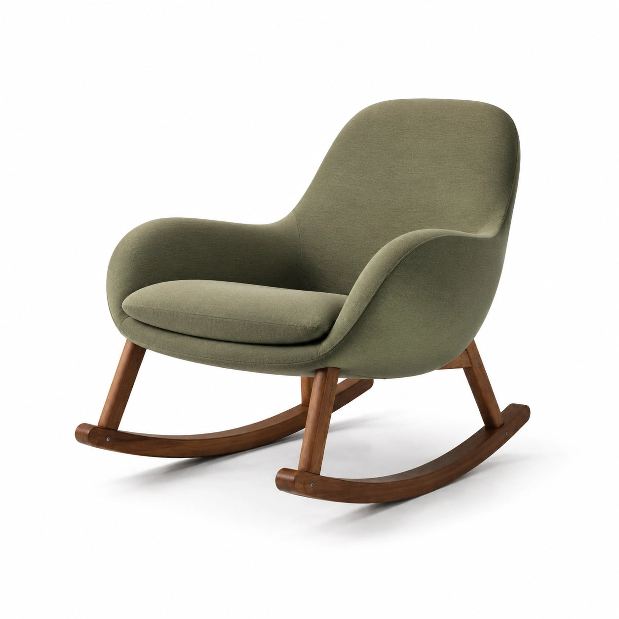 Sillón mecedora de poliéster verde con patas de madera de nogal