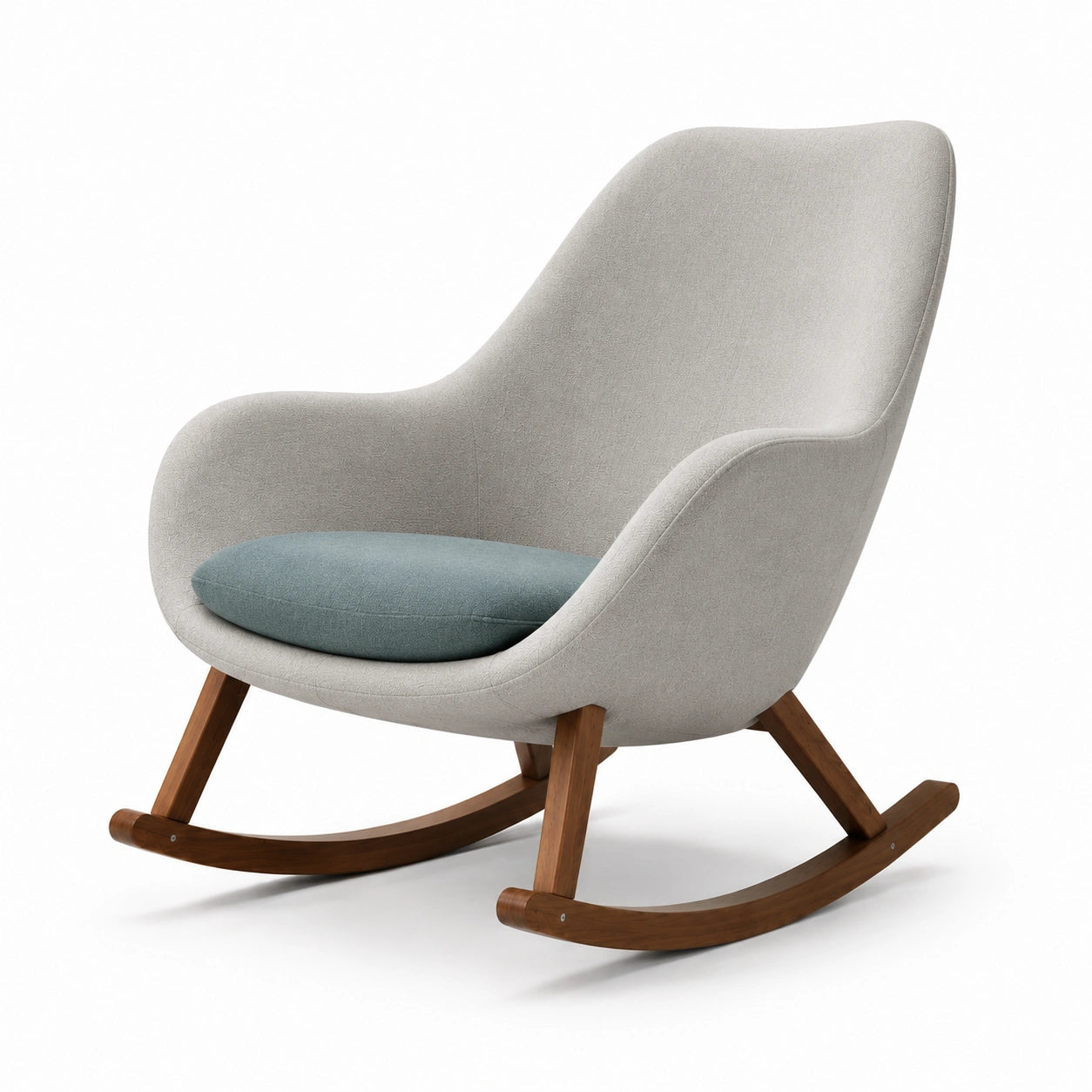 Sillón mecedor de poliéster gris claro con cojín azul y base de madera