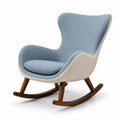 Sillón mecedora de tela azul y beige con base de madera
