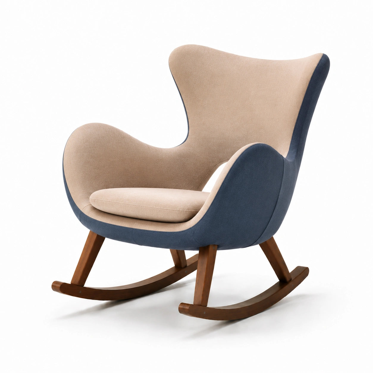 Mecedora de tela beige y azul con estructura de madera