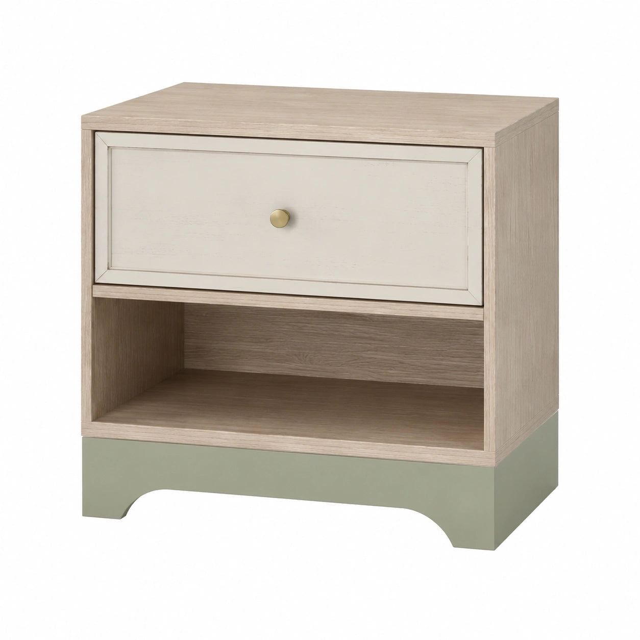 Mesita de noche de MDF con cajón y estante abierto en beige y verde