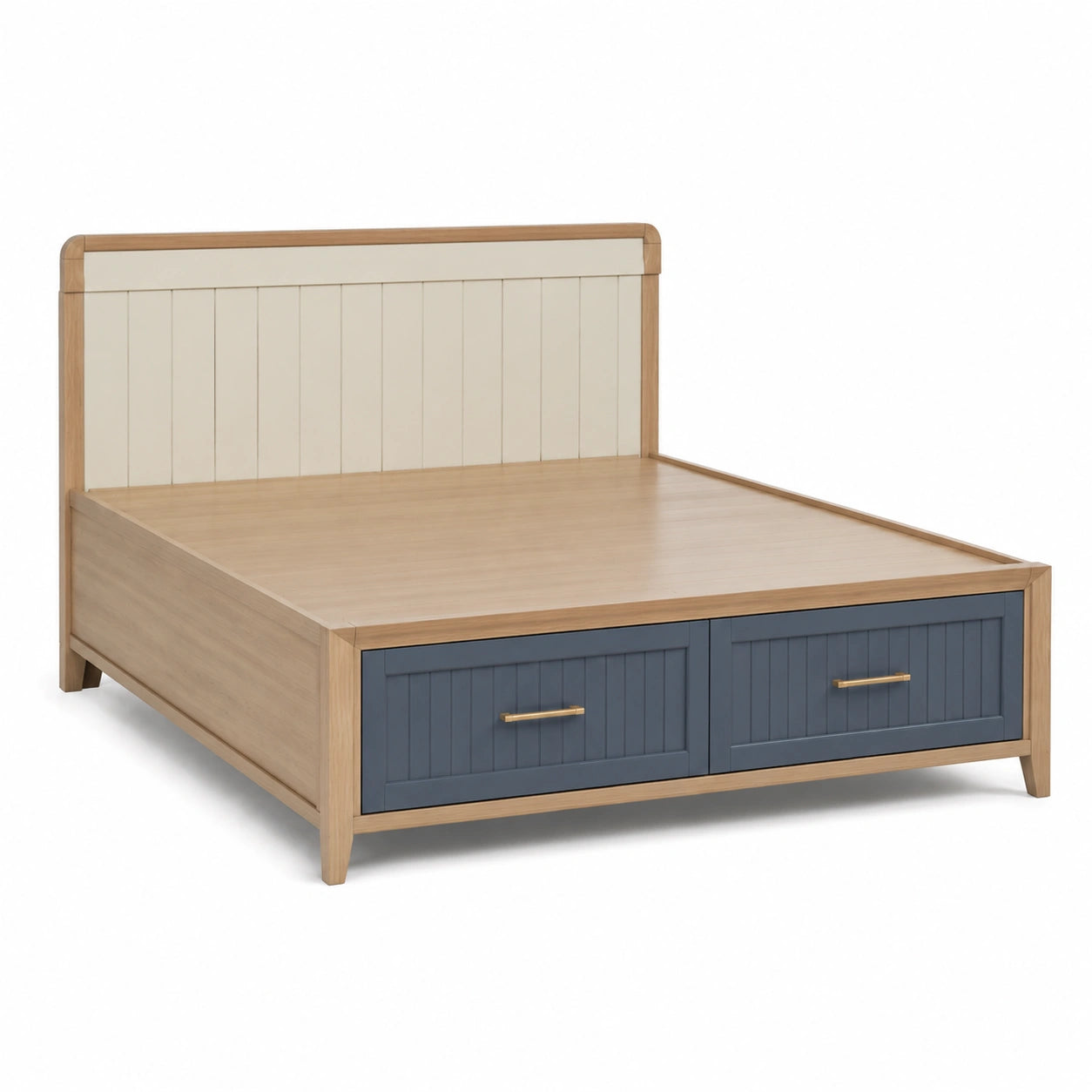 Cama doble de madera de roble con cajones azul y cabecero blanco