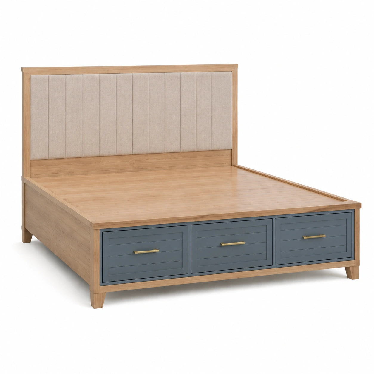 Cama de madera con cabecera tapizada y cajones