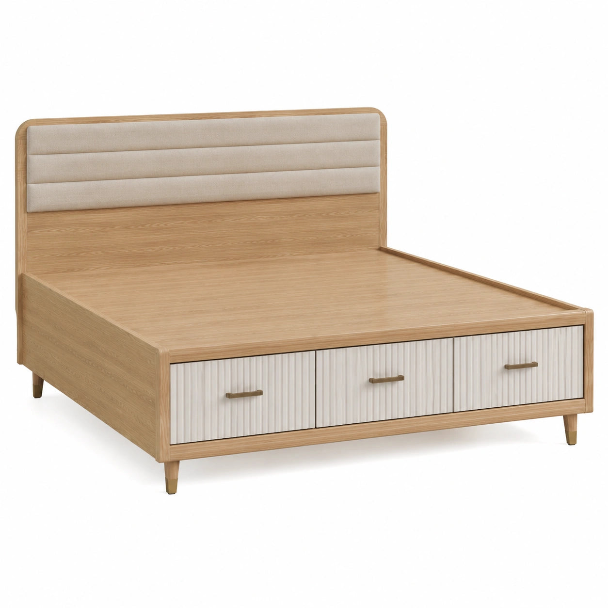 Cama de matrimonio de madera con cajones y cabecero de tela beige 200x160 cm
