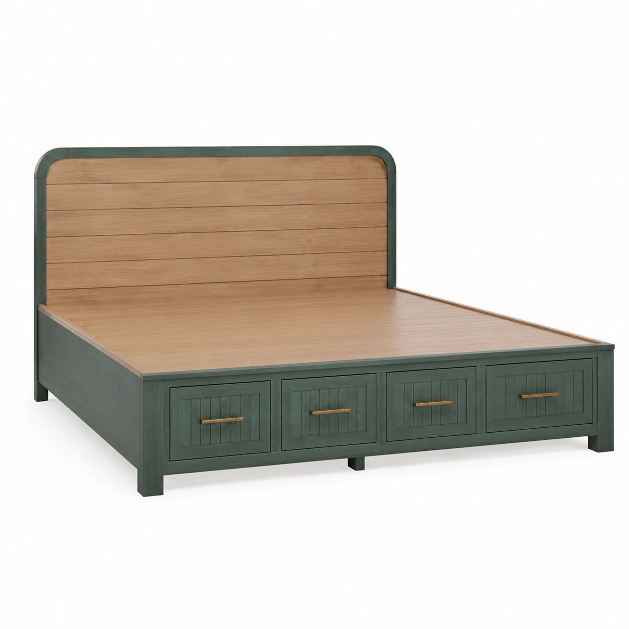 Cama doble de madera de pino y MDF con cabecero y cajones Verde/Roble