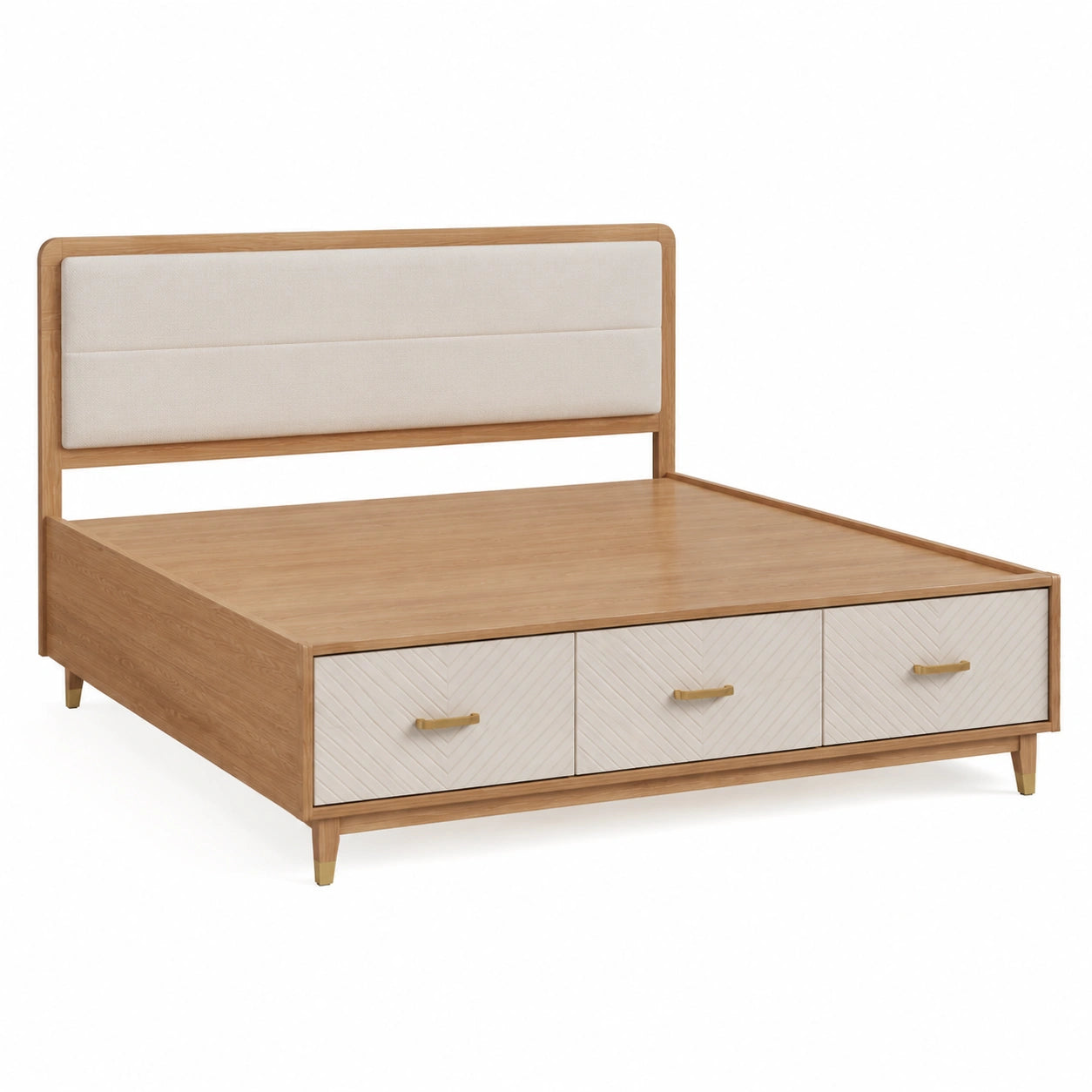 Cama de Madera de Roble con Cabecero de Poliéster y Cajones