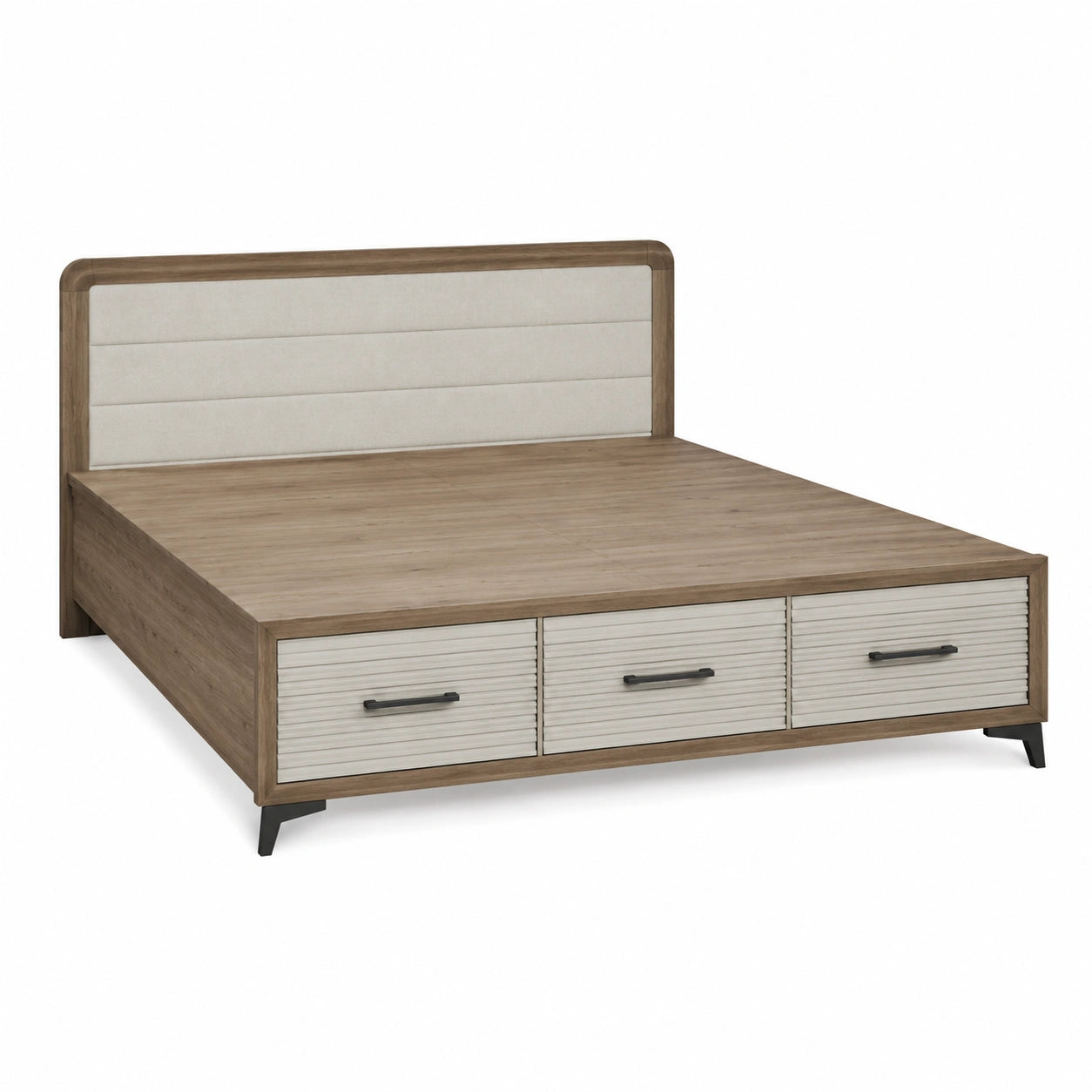 Cama doble de madera con cabecero tapizado y cajones