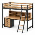 Cama alta con escritorio de madera y estructura de acero