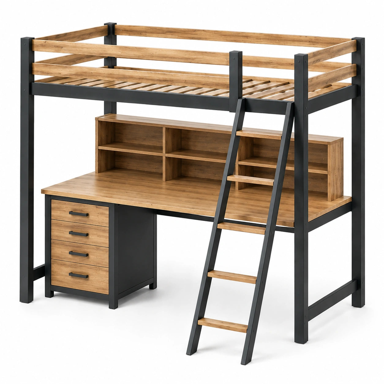 Cama alta con escritorio de madera y estructura de acero