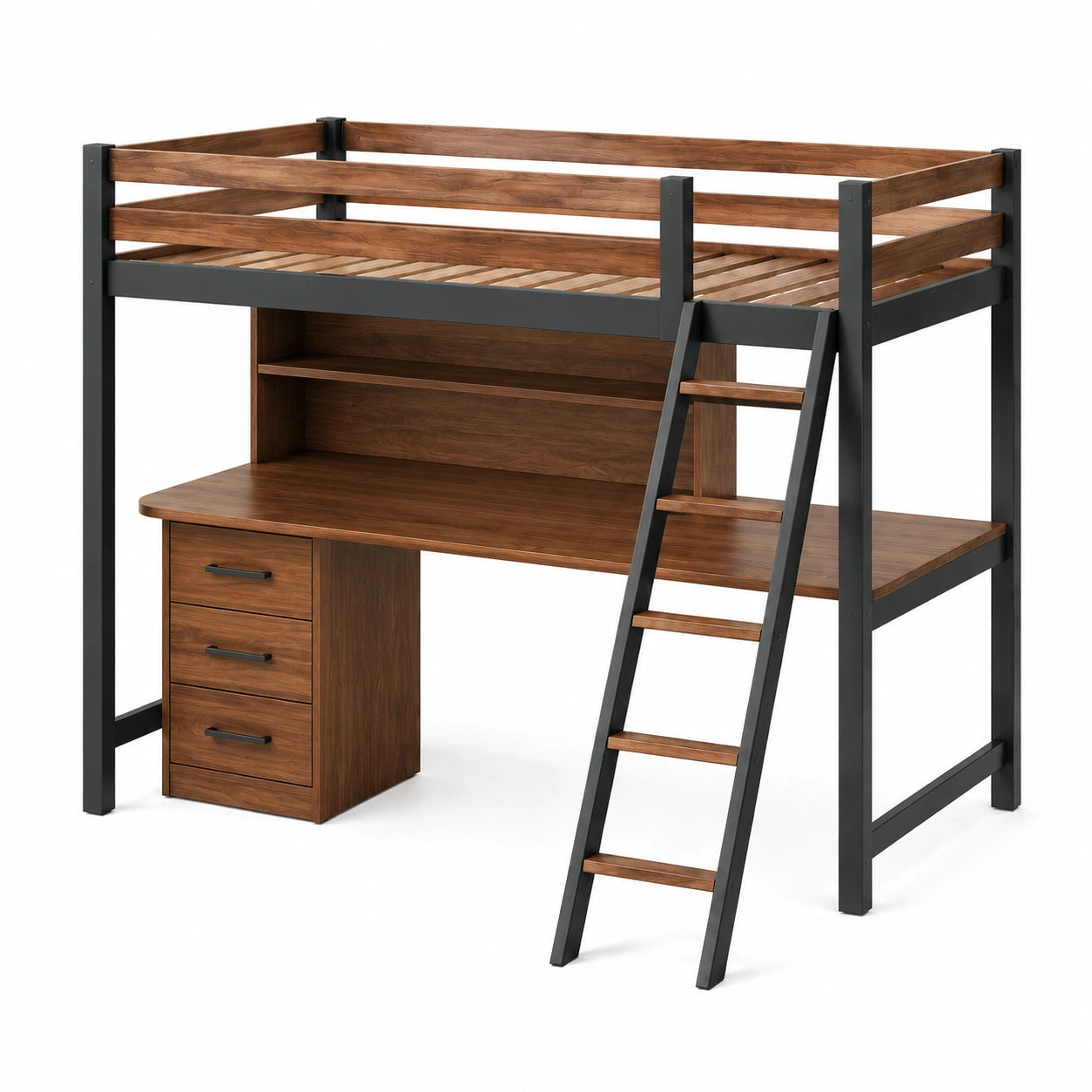 Cama alta de madera y metal con escritorio y cajonera 200x100 cm