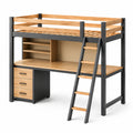 Cama alta de madera y metal con escritorio y estanterías