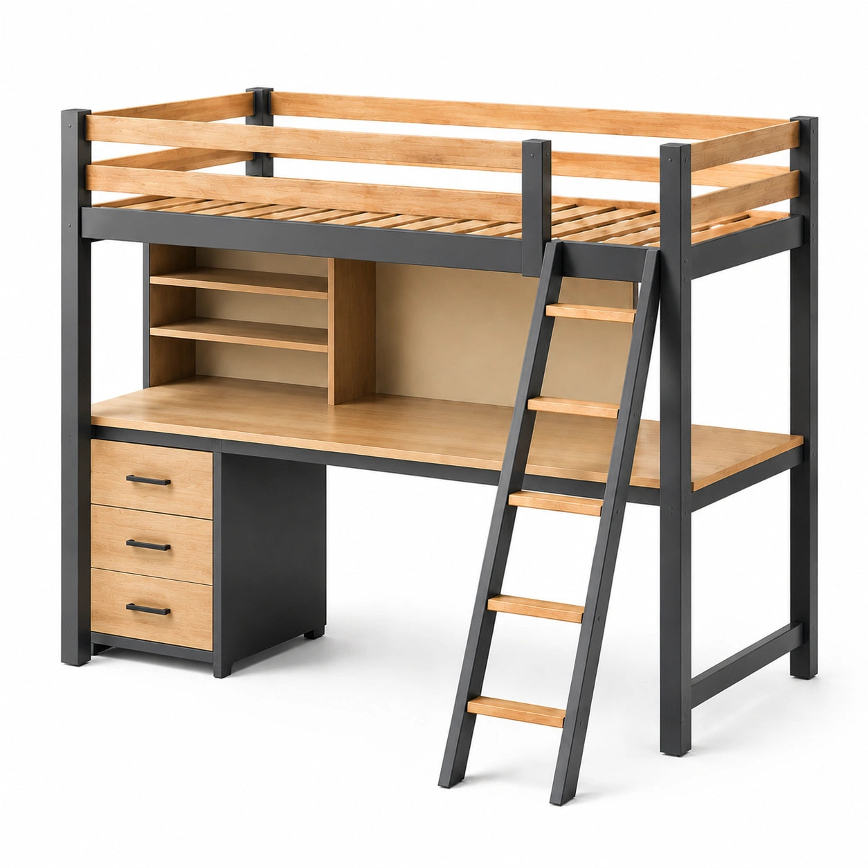 Cama alta de madera y metal con escritorio y estanterías