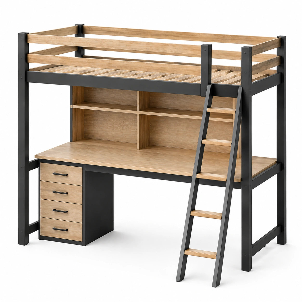 Cama alta de metal y MDF con escritorio y estantería