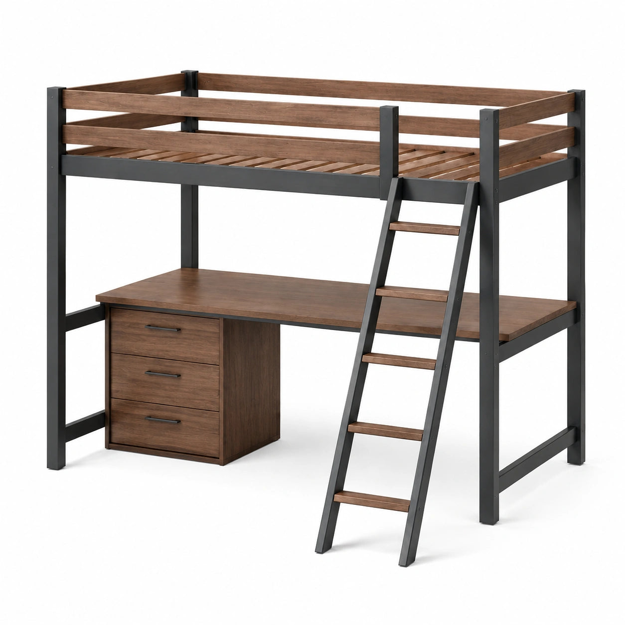 Litera alta de madera y metal con escritorio y cajones 200x90 cm Marrón/Negro