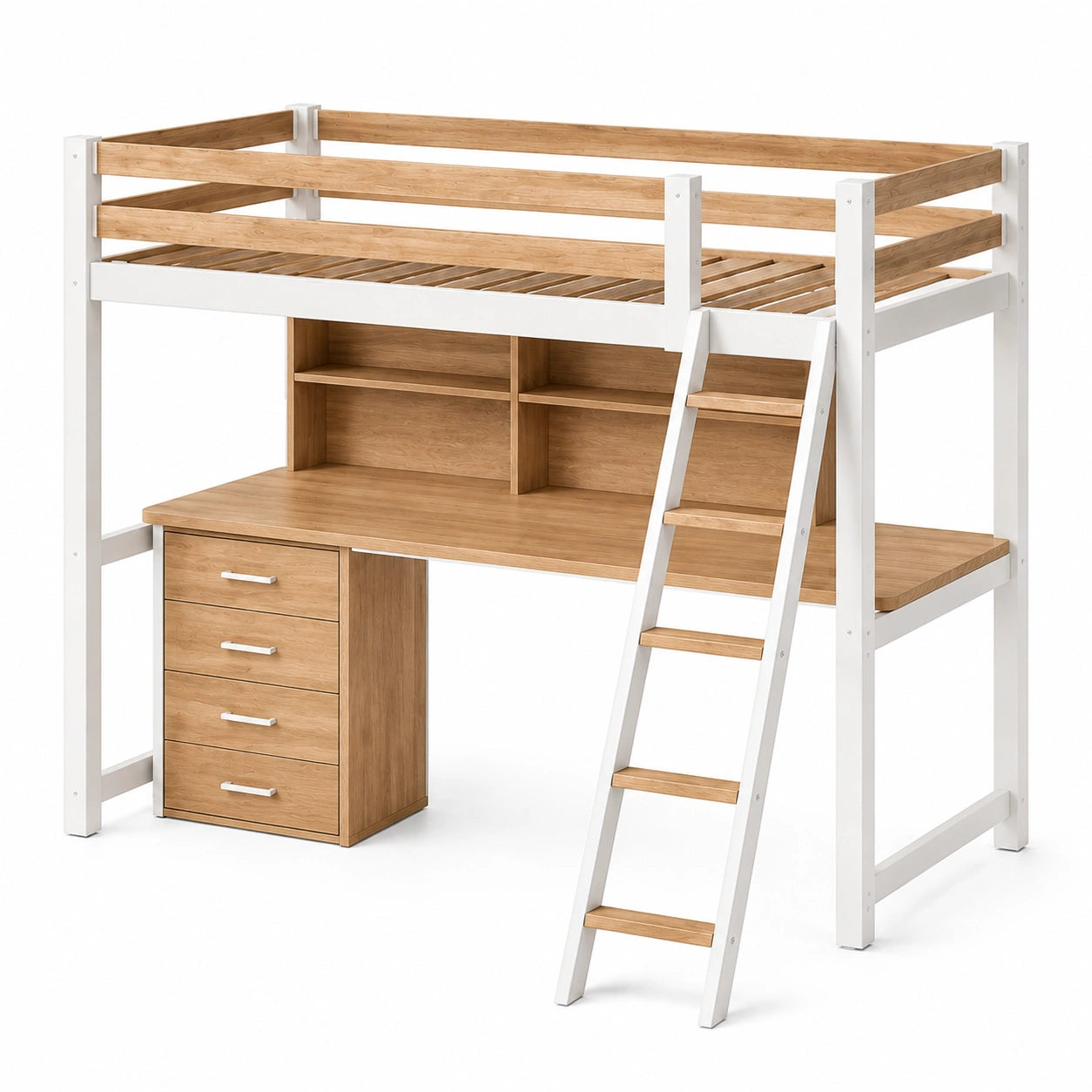 Cama alta de madera y metal con escritorio 200x100x180 cm