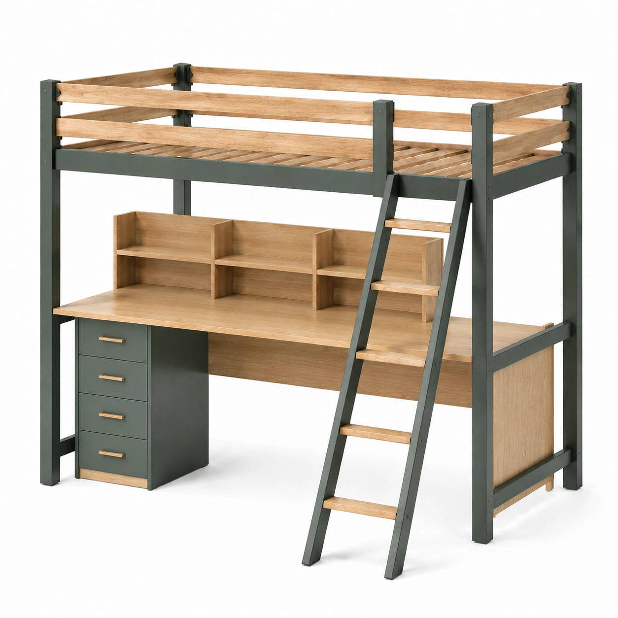 Cama alta de metal y madera con escritorio y almacenamiento 200x100x180 cm