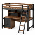 Litera alta de madera y metal con escritorio y escalera lateral