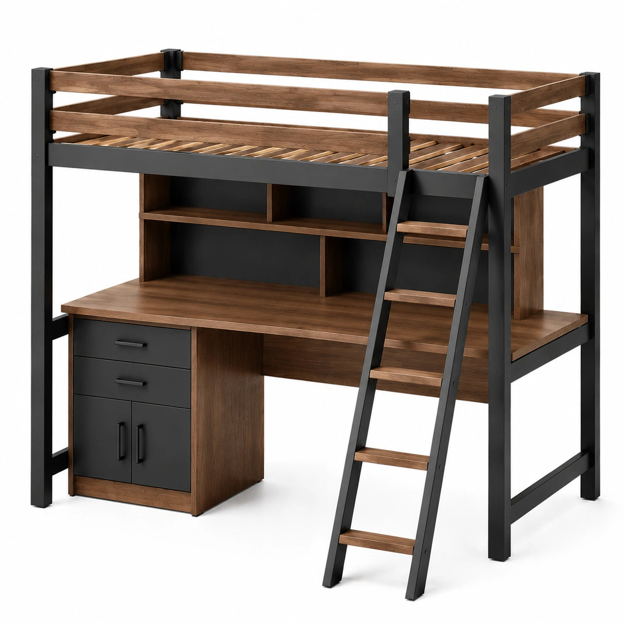Litera alta de madera y metal con escritorio y escalera lateral