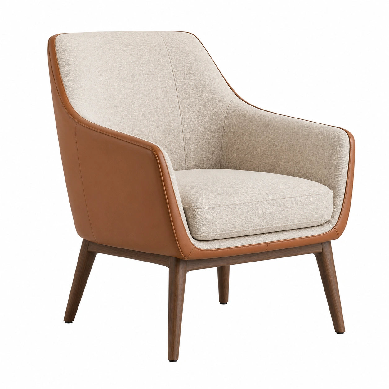 Sillón de Tela Beige con Estructura de Madera y Cuero Sintético Marrón