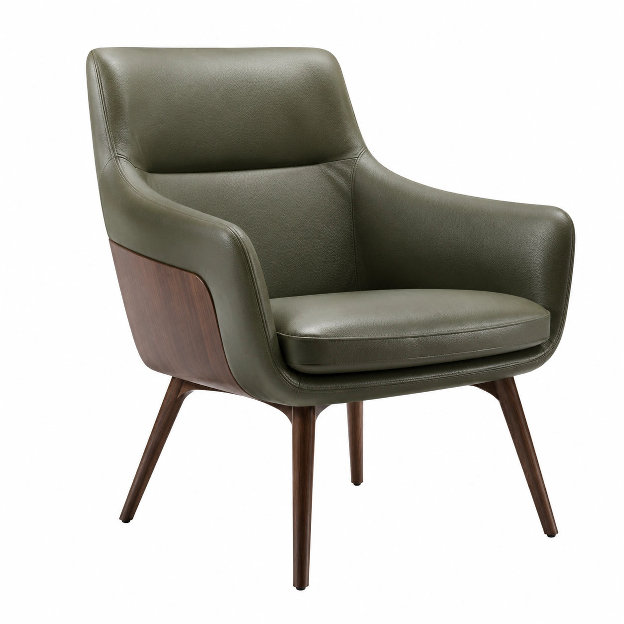 Sillón de piel sintética verde oliva con patas de nogal