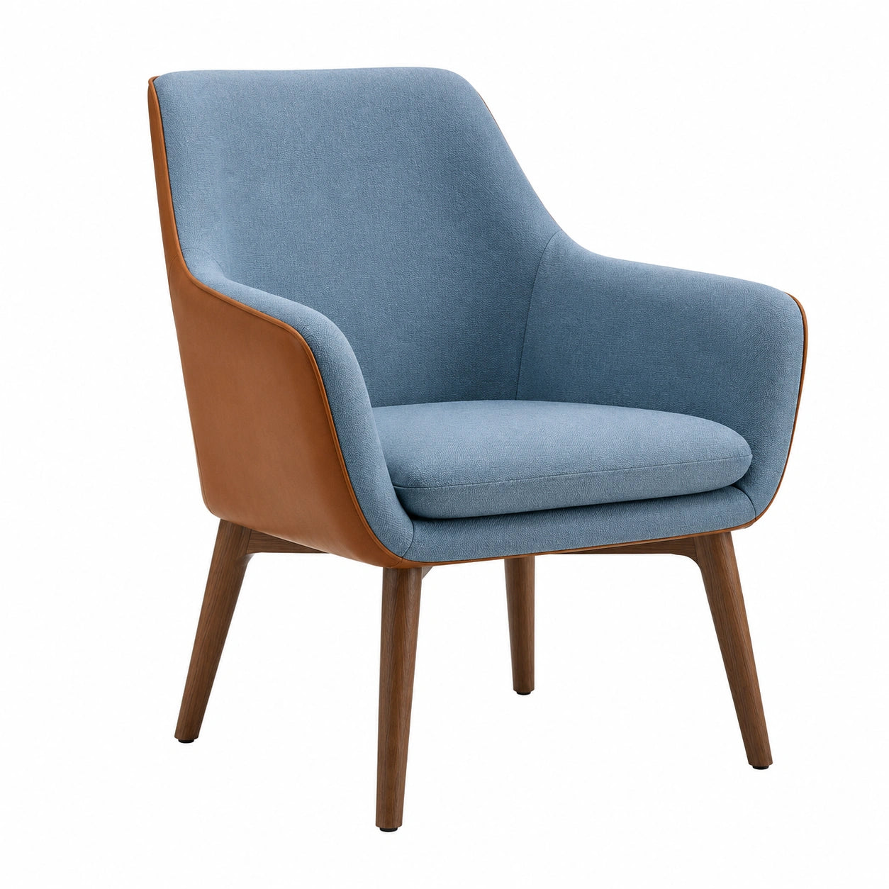 Sillón de Tela Azul y Madera con Imitación de Cuero