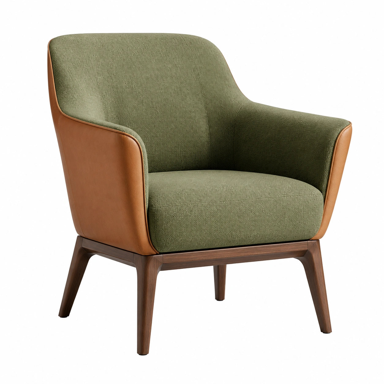 Sillón de Tela Verde y Cuero Sintético Marrón con Estructura de Madera