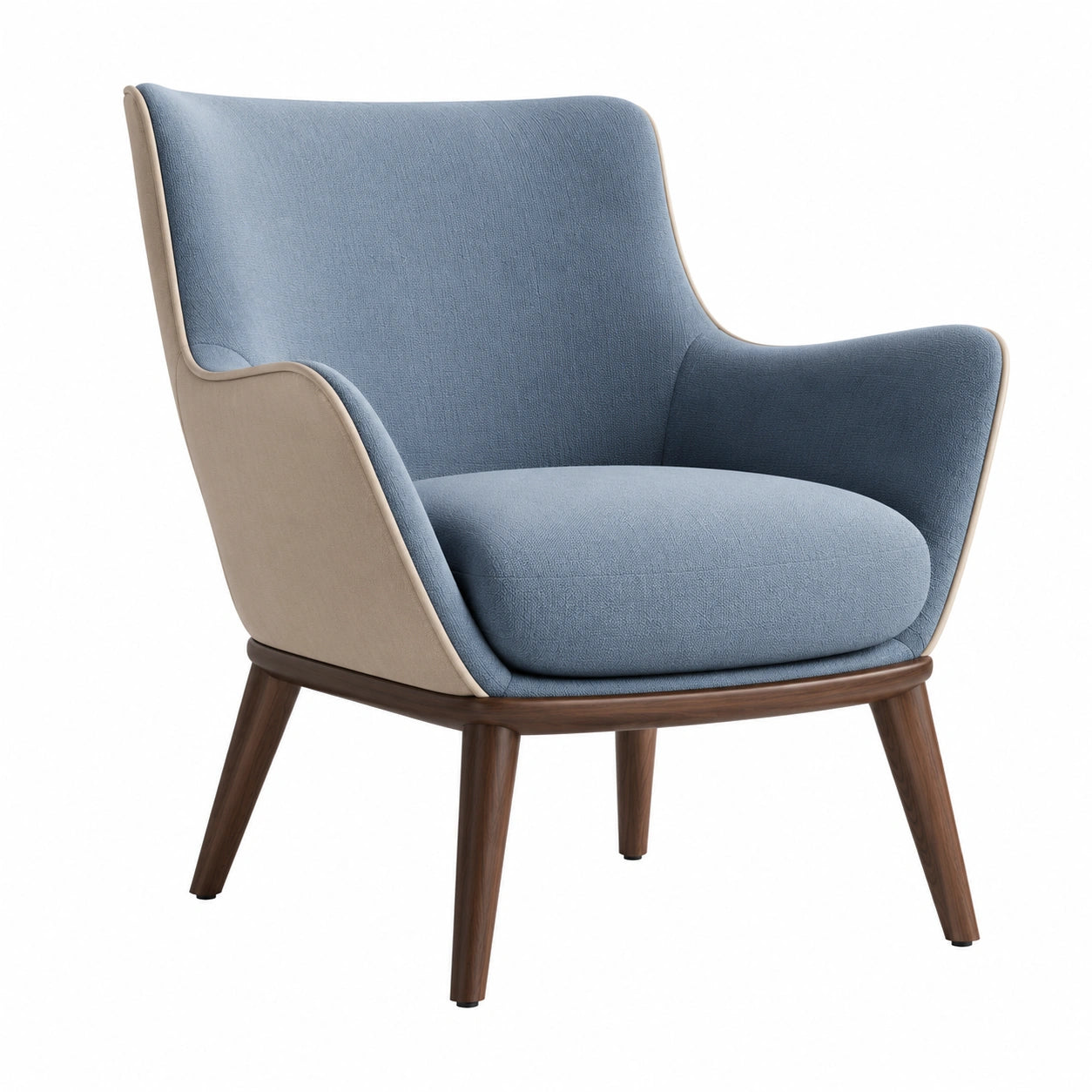 Sillón de Tela Azul y Beige con Patas de Madera