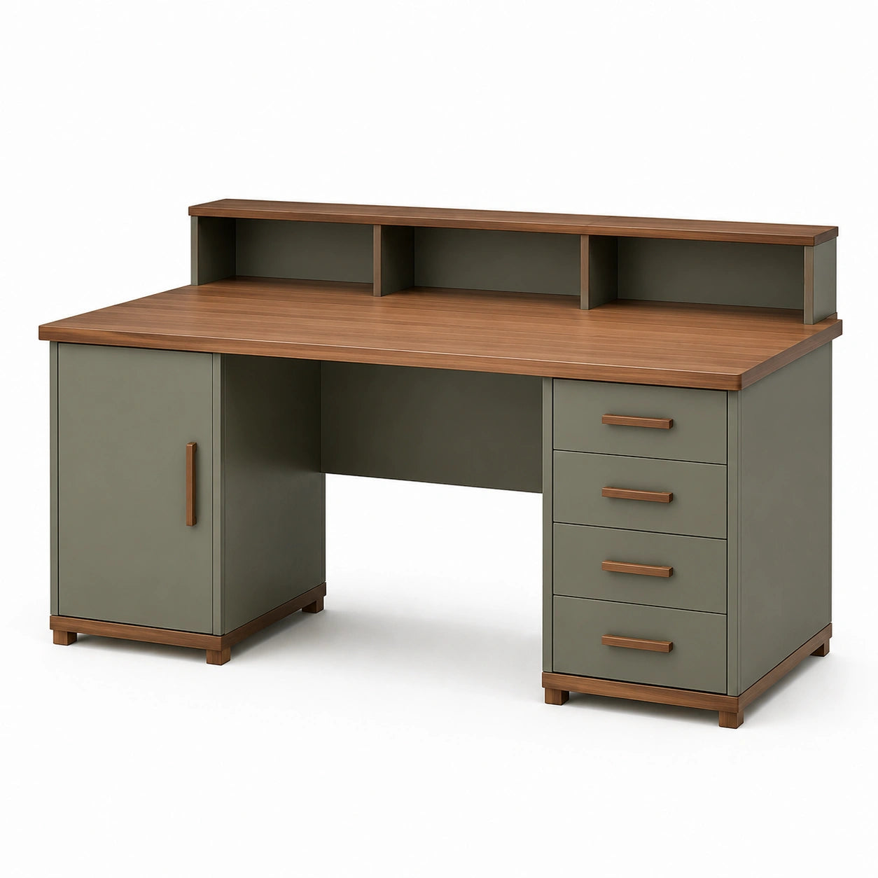 Escritorio de madera con cajones y estantería