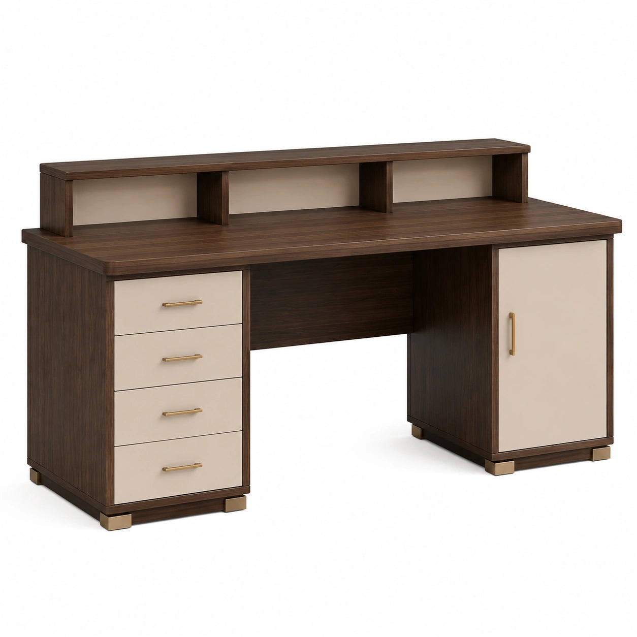 Escritorio de madera con cajones y estantes marrón y beige