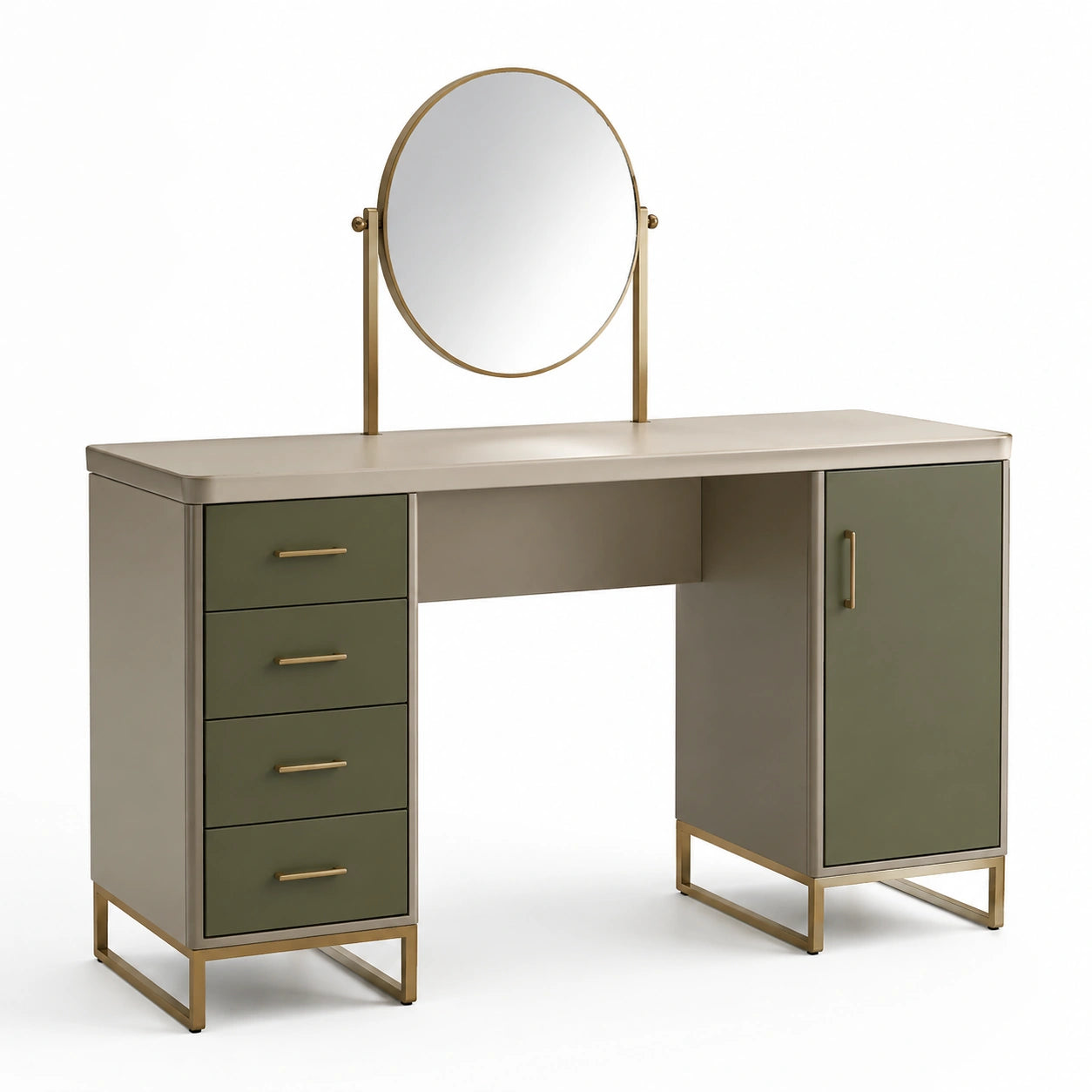 Tocador de Metal y MDF con Espejo Redondo Beige y Verde
