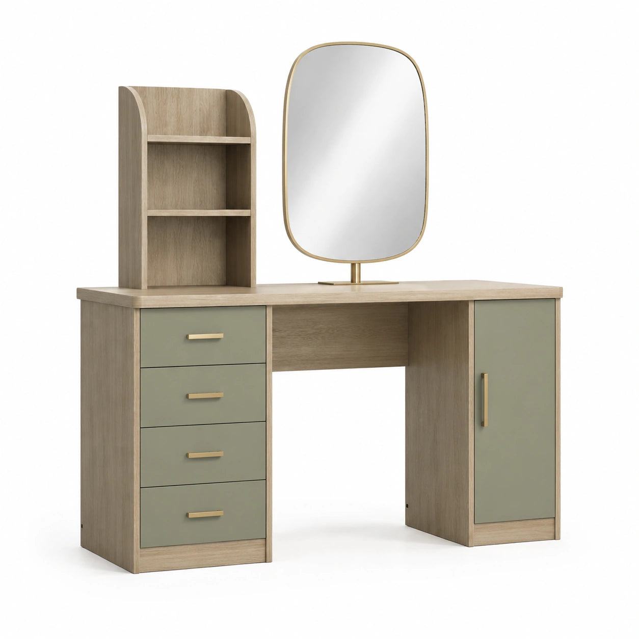 Tocador de Madera con Espejo Ovalado y Estantería Beige/Verdoso