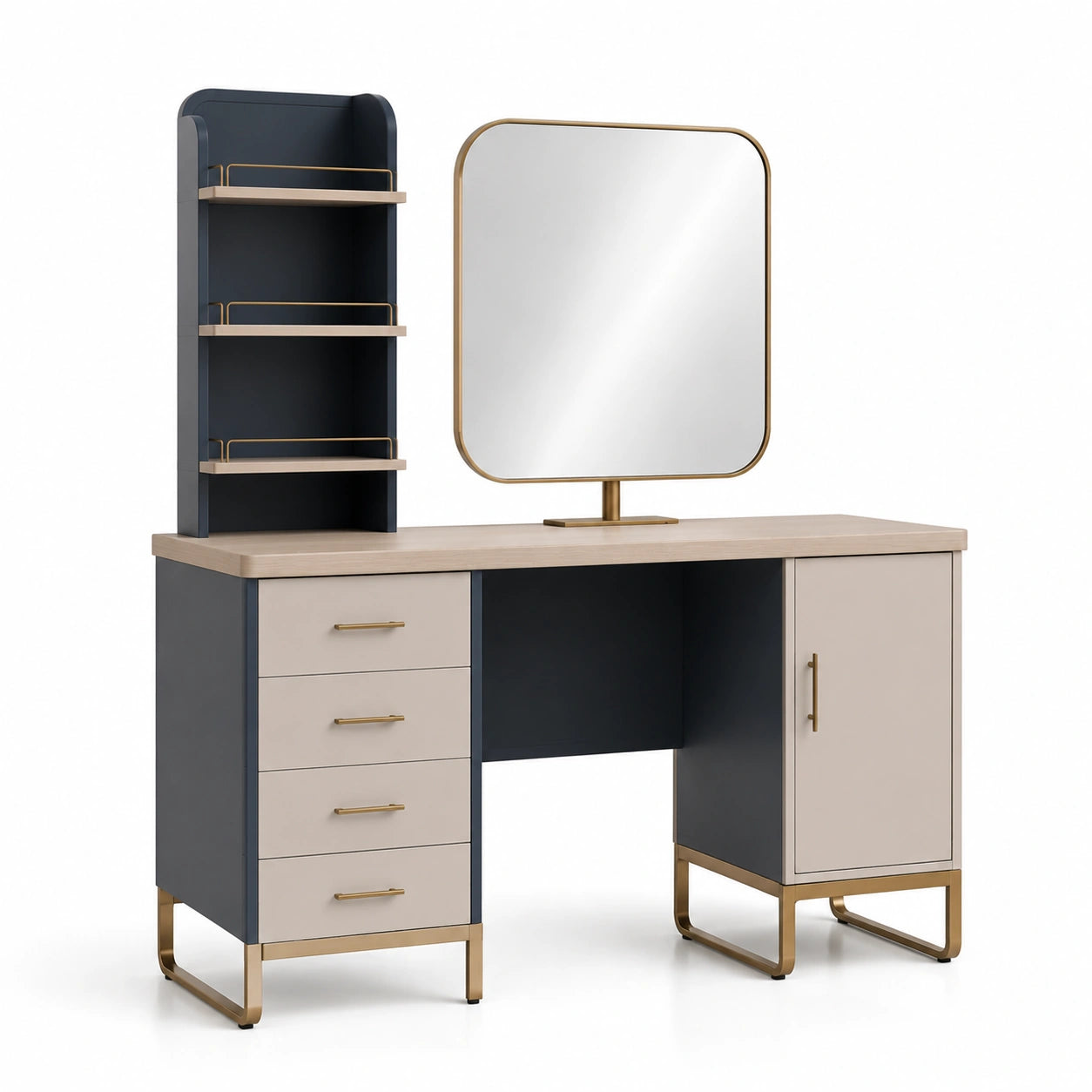Tocador de Madera y Metal con Espejo Cuadrado, Negro y Beige