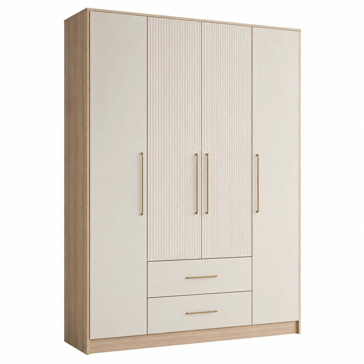 Armario de 4 puertas y 2 cajones en madera laminada beige 200x150x50 cm