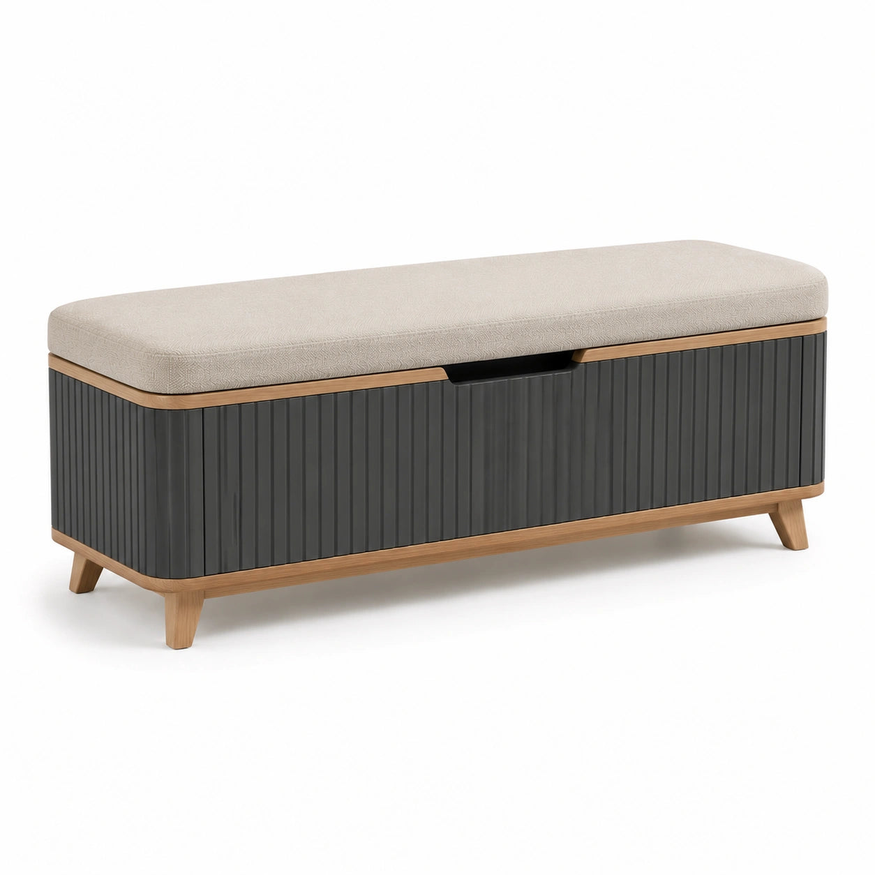 Banco de almacenamiento con cojín beige y estructura de madera