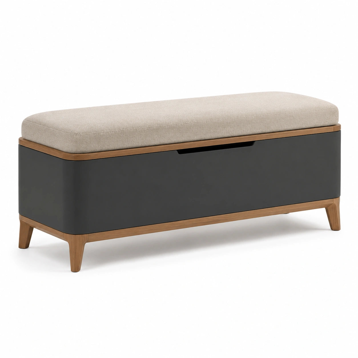Banco de almacenamiento de madera y metal con cojín de lino beige